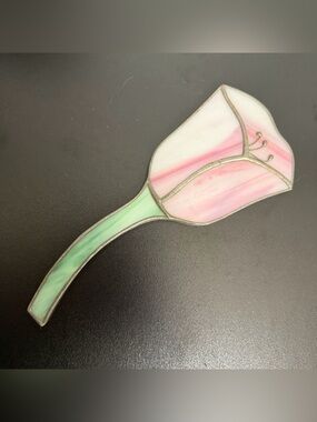 Vintage Stained Glass Tulip Hand Mirror Pink Flower Vanity Mirror Handmade